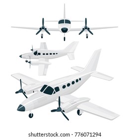 Cessna, small plane flat illustrations set.
Aircraft different view icons.
