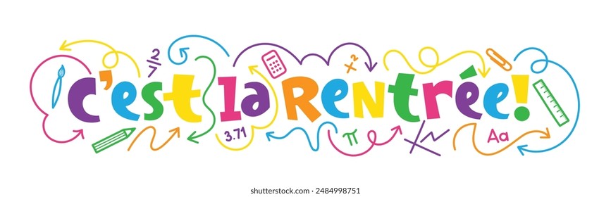 C'EST LA RENTREE! (BACK TO SCHOOL! in French) colorful vector hand lettering banner