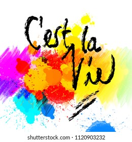 C'est la vie. lettering on colorful backgound. Hand drawn vector design.