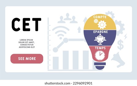 CET - Compte epargne temps acronym. Hintergrund des Unternehmenskonzepts. Vektorgrafik-Konzept mit Schlagwörtern und Symbolen. Buchstabengrafik mit Symbolen für Webbanner, Flyer, Landung