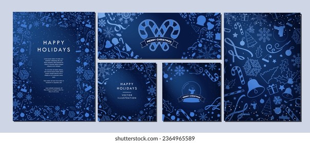 Cetacean Blue Christmas Template Designs. Merry Christmas Card and Poster Monochromatic Theme Backgrounds. Xmas doodle elements. Beautiful minimalist Winter templates. Card, banners, posters. Vector. 