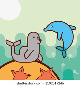 cetacean dolphin monk seal starfish sea life cartoon