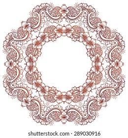 CEthnic mehndi ircular floral ornament Mehndi Henna Tattoo Mandala, Yantra brown. Vintage vector banner frame card for text invitations for wedding birthday celebration, white background, ethnic, boho