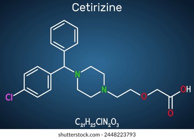 Cetirizine drug molecule. It is drug used in allergic rhinitis and chronic urticaria. Structural chemical formula on the dark blue background. Vector illustration