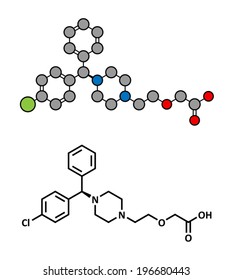 Cetirizine (levocetirizine) antihistamine drug, chemical structure. Used to treat hay fever, urticaria and allergies. Conventional skeletal formula and stylized representation.