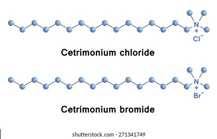 Cetrimonium chloride & bromide are components of the topical antiseptic cetrimide, effective against bacteria, fungi. conditioning agent for hair conditioners and shampoos. Vector molecular structure.