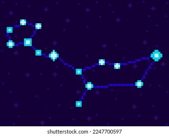 Constelación de cetus en el estilo de arte de píxeles. Estrellas de 8 bits en el cielo nocturno al estilo de videojuegos retro. Grupo de estrellas y galaxias. Diseño para aplicaciones, carteles y afiches. Ilustración del vector