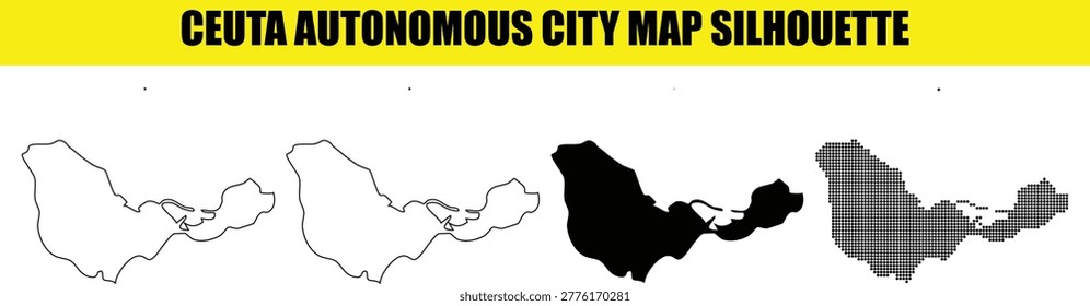 Ceuta autonomous city map silhouette. four variants of ceuta  outline, white, black, and dotted map. simple  for infographics. spain region map vector illustration. ceuta isolated on transparent background.