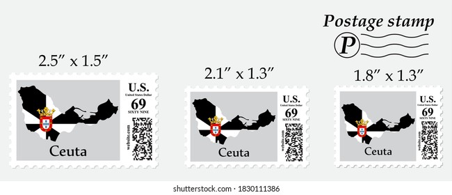 Mapa de la bandera de Ceuta en el sello postal de diferente tamaño.