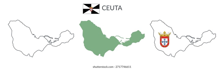 Fronteiras geográficas de Ceuta isoladas sobre fundo branco. Bandeira de Ceuta. Cliparts planas vetoriais.