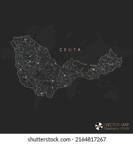 Ceuta map abstract geometric mesh polygonal light concept with black and white glowing contour lines countries and dots on dark background. Vector illustration.