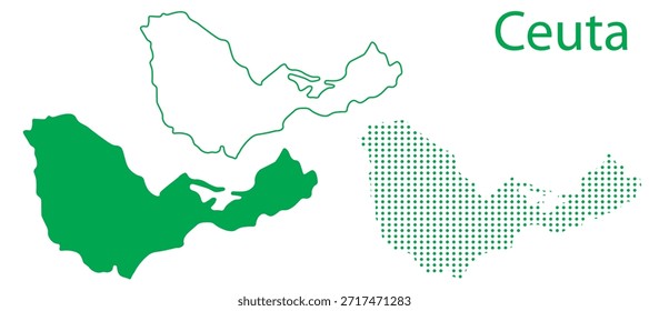 Ceuta Map Vector Set, Spanish Autonomous City Outline Silhouette Dotted Green Shapes, Ceuta Country Infographic Template, Editable EPS Ceuta Geography