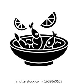 Ceviche black glyph icon. Peruvian national dish. Latin american cuisine main course. Shrimp and lemon soup. Seafood. Asian meal. Silhouette symbol on white space. Vector isolated illustration