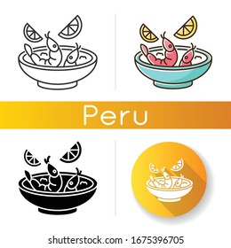 Ceviche icons set. Peruvian national dish. Latin american cuisine main course. Shrimp and lemon soup. Seafood salad. Asian meal. Linear, black and RGB color styles. Isolated vector illustrations