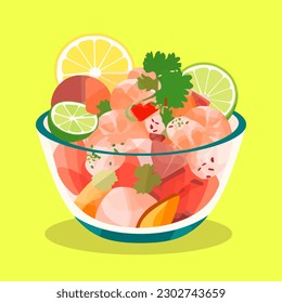 Ceviche of shrimp with vegetables, spices and lime vector illustration