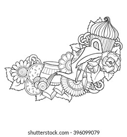 Ceylon, green tea doodle background in vector with paisley. Ethnic zentangle pattern can be used for menu, wallpaper, pattern fills, coloring books and pages for kids and adults. Black and white.