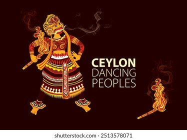 Baile tradicional de Ceilán (Sri Lanka). Danza Clásica de Sri Lanka, Ilustración vectorial