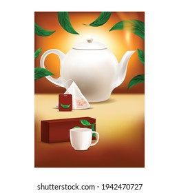 Ceylon Tea Creative Advertising Poster Vector. Teapot, Tea Bag, Cup, Package And Plant Green Leaves. High Antioxidants And Strengthens Immune System Drink Concept Template Realistic 3d Illustration