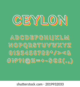 Ceylon vintage 3d vector alphabet set. Retro bold font, typeface. Pop art stylized lettering. Old school style letters, numbers, symbols pack. 90s, 80s creative typeset design template