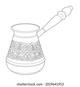 Cezva. Coffee maker. Dishes for brewing coffee. Coloring page. Black outline. 