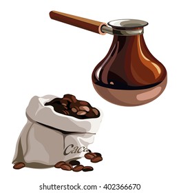 The cezve and a bag of beans for coffee isolated on white background. Vector illustration.