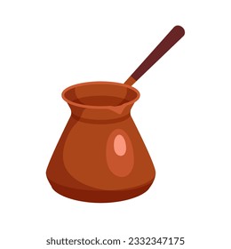 Cezve para la elaboración de la ilustración del vector del café. Caricatura aislada olla de cobre turca con mango para preparar bebidas aromáticas naturales en fuego o arena, equipo vintage de restaurante o casa en Turquía