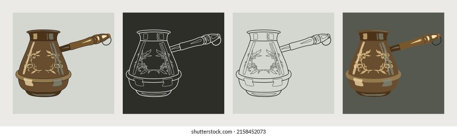 Cezve coffee maker. Turkish coffee pot in various styles. Flat and line vector illustrations.