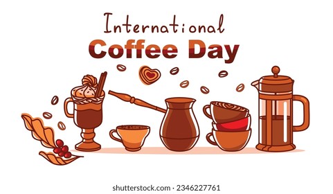 Cezve, coffee pot and various types of coffee. International coffee day banner.  Coffee day banner. Vector