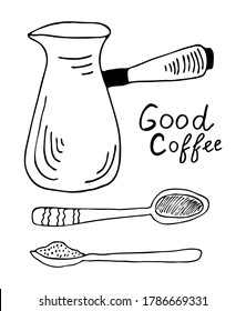 Descanse por el café con cuchara de té y letras. Ilustración al estilo doodle. Esbozo dibujado a mano por vectores. Arte de contorno negro.