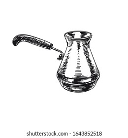 Cezve hand drawn black and white vector illustration. Retro coffee brewer sketch. Barista accessory design element. Vintage metallic coffee brewing device isolated on white background