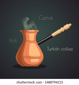 Cezve or ibrik for brewing coffee on the dark background. Coffee brewing methods, Turkish coffee concept. Vector illustration for poster, banner, card, menu, presentation.