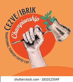 Cezve / Ibrik championship vector illustration. Traditional turkish coffee pot.