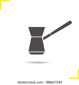 Cezve icon. Drop shadow Turkish coffee maker silhouette symbol. Classic vintage coffee brewing equipment. Cezve logo concept. Vector isolated illustration 