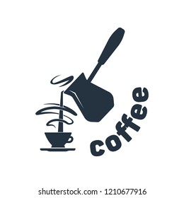 Cezve isolated icon on white background, 400 coffee set, company name, banner