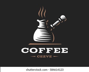 Cezve logo - vector illustration. Cofee emblem design on black background.
