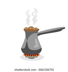 Cezve on the gas burner isolated vector colored icon. Turkish Coffee with a Cezve. Coffee is brewed on a gas stove. Vector illustrations.