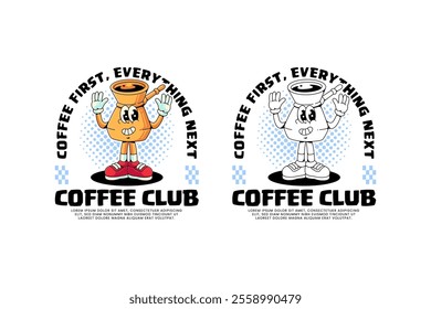 cezve pot turkish coffee retro cartoon character mascot illustration with standing pose and showing waving hand for beverage, restaurant, cafe mascot and merchandise