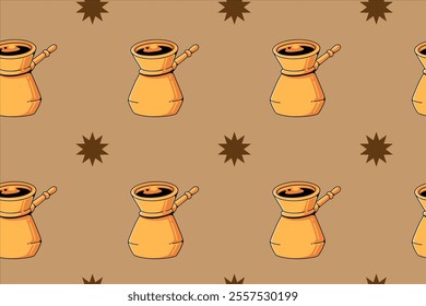 cezve pot turkish coffee with star element colorful seamless pattern on brown background for print on packaging, stationery, merchandise.  classic cezve pot turkish coffee pattern background. 