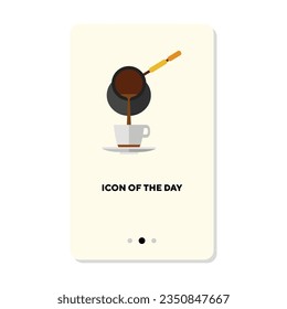 Cezve pouring coffee to cup on white background. Coffee preparation cartoon illustration. Coffee making and culture concept. Vector illustration symbol elements for web design and apps