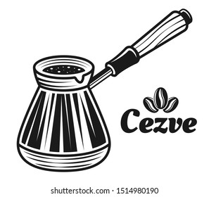 Cezve traditional turkish coffee kitchenware vector black and white illustration isolated
