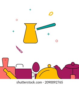 Cezve, turkish coffee pot filled line vector icon, simple illustration, related bottom border.