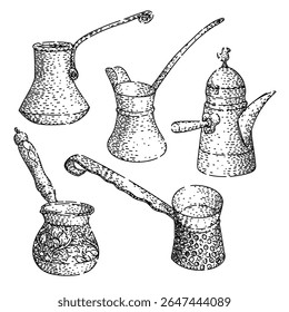 cezve turkish café set mão desenhada. aroma tradicional, pote de espuma, calor assado cezve turkish café esboço vetor. ilustração preta isolada