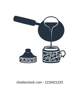 Cezve with turkish cup isolated icon on white background, 400 coffee set, logo and sign