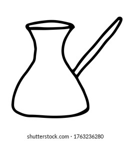 Cezve.Turkish coffee pot doodle illustration. Hand drawn turkish coffee pot illustration in vector on white background.Can be used as icon or symbol.Stock.Decoration element.Hand drawn black sketch