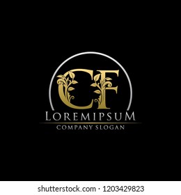 CF C F Gold Letter logo With Classy Floral Leaf Design