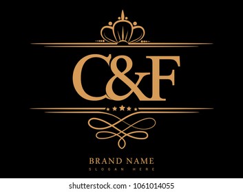 C&F Initial logo, Ampersand initial logo gold with crown and classic pattern