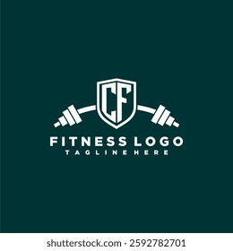 CF initial monogram for fitnes or gym logo with creative shield and barbell design