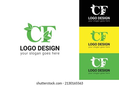 CF letters eco logo with leaf. Vector typeface for nature posters, eco friendly emblem, vegan identity, herbal and botanical cards etc. Ecology CF letters logo with green leaf.