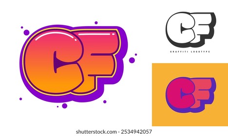 CF logo design for festival or party. Initial letter c and f in graffiti style. Creative modern lettering company name of font typography. Kids trendy logotype or identity. Vector illustration.