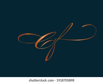 CF monogram logo.Abstract calligraphic signature icon.Intertwined letter c and letter f.Lettering sign isolated on dark fund.Alphabet initials.Uppercase wedding character shapes.Metal copper color.